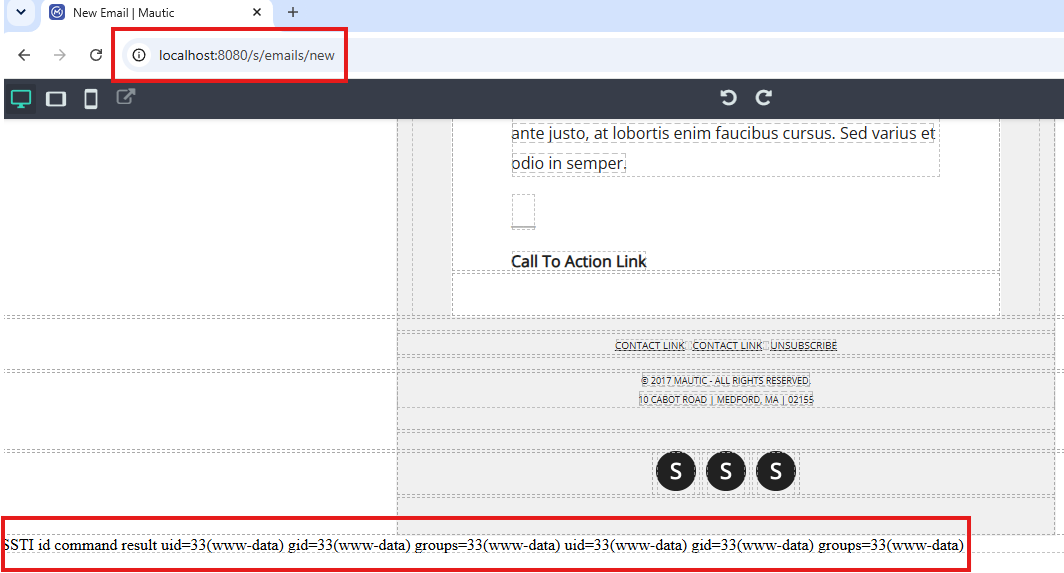 builder rendering the SSTI payload, id output visible, no SecurityNotAllowedFunctionError