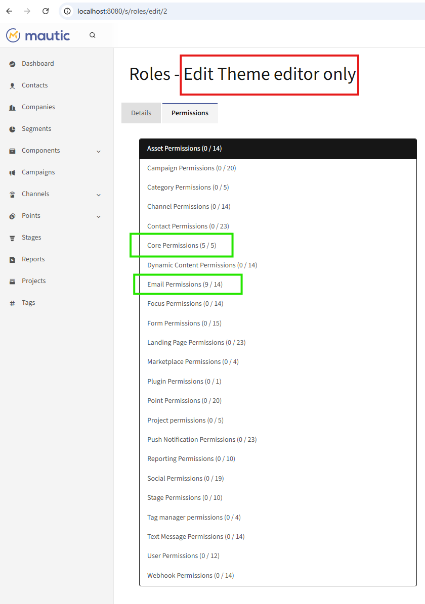 Roles page — &ldquo;Theme editor only&rdquo; role, permission matrix showing only Core (Themes) + Emails enabled